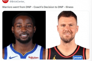 库明加换成波津！美媒调侃：勇士DNP的原因从教练决定→生病